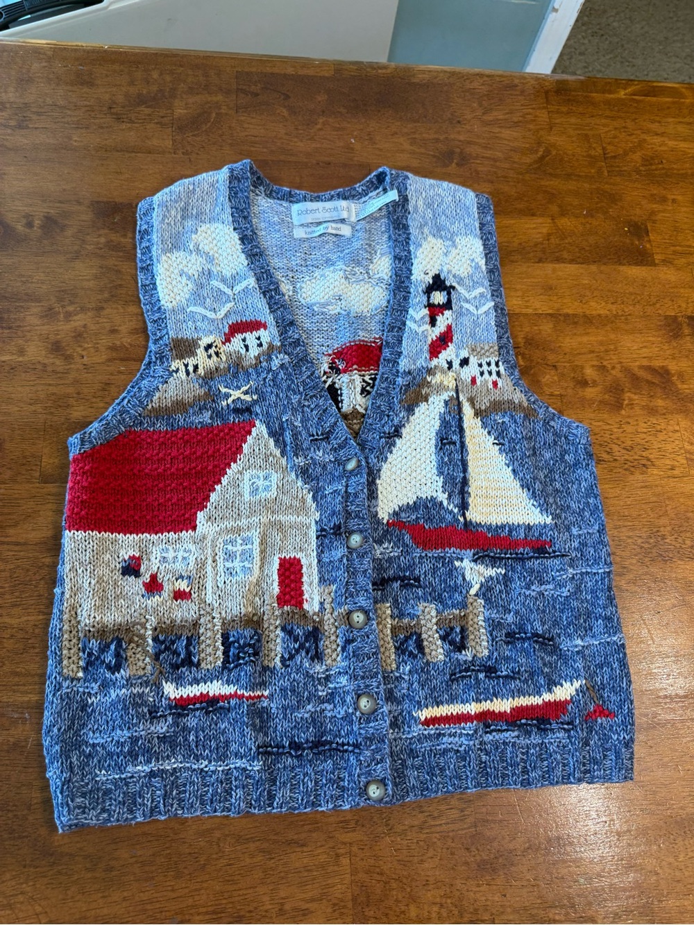 VTG 90s Robert Scott Hand Knitted Coastal Lighthouse Sweater Vest Grandmacore M